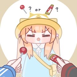3girls ? blue_archive blue_dress blunt_bangs candy chibi ciao_churu commentary dress drooling english_commentary english_text food hair_bobbles hair_ornament halo hat highres holding holding_candy holding_food holding_lollipop horuhara kayoko_(blue_archive) kindergarten_uniform lollipop long_hair long_sleeves mari_(blue_archive) multiple_girls neck_ribbon no_nose orange_hair pet_food ribbon saliva school_hat solo_focus tongue tongue_out v-shaped_eyebrows yellow_halo yellow_hat yuuka_(blue_archive) yuuka_(track)_(blue_archive)