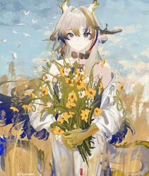 1girl absurdres animal arknights bare_shoulders beads bird blonde_hair blue_hair chromatic_aberration closed_mouth colored_extremities commentary cowboy_shot day dragon_girl dragon_horns dragon_tail earrings flower grey_eyes grey_hair hair_between_eyes highres holding horns jacket jewelry long_hair long_sleeves multicolored_hair necklace off_shoulder outdoors pointy_ears shu_(arknights) simple_bird smile solo standing tail user_njsw5845 watermark white_bird white_jacket yellow_flower