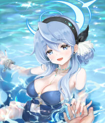 Rule 34 | 1boy, 1girl, absurdres, ako (blue archive), alternate costume, alternate hairstyle, arake psd, bare shoulders, beach, black nails, blue archive, blue halo, blue nails, blush, breasts, cleavage, clothing cutout, collarbone, ear piercing, hair between eyes, hairband, halo, highres, jewelry, large breasts, long hair, navel, navel cutout, necklace, o-ring, o-ring swimsuit, ocean, one-piece swimsuit, open mouth, piercing, smile, solo focus, swimming, swimsuit, white nails
