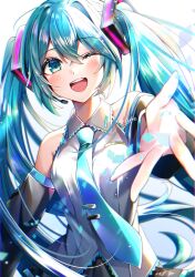 Rule 34 | 1girl, ;d, absurdres, black skirt, black sleeves, blue hair, blue necktie, blue trim, breast pocket, collared shirt, crossed bangs, detached sleeves, floating headgear, green eyes, hair between eyes, hair intakes, hatsune miku, headgear, headphones, highres, long hair, long sleeves, looking at viewer, microphone, miniskirt, mochita sei, necktie, one eye closed, open mouth, outstretched arm, pleated skirt, pocket, reaching, reaching towards viewer, shirt, signature, skirt, sleeveless, sleeveless shirt, smile, solo, twintails, upper body, very long hair, vocaloid, white shirt, wing collar