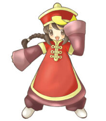 1girl 2000s_(style) artist_request bad_id blush braid braided_ponytail brown_eyes brown_hair brown_pants brown_shirt coat full_body hat jiangshi layered_sleeves long_hair long_sleeves looking_at_viewer lowres munak official_art ofuda open_mouth pants ragnarok_online red_coat red_hat shirt short_over_long_sleeves short_sleeves simple_background smile solo standing white_background