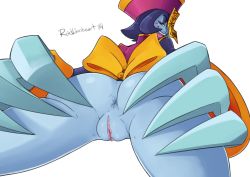 Rule 34 | 10s, 1girl, 2014, anus, blue skin, claws, colored skin, female focus, jiangshi, hsien-ko, looking at viewer, looking back, purple hair, pussy, radlionheart, red eyes, smile, solo, transparent background, uncensored, darkstalkers