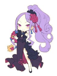 1girl bare_shoulders black_dress breasts chibi detached_sleeves dress earrings fate/grand_order fate_(series) flower forehead full_body hair_ornament hair_scrunchie harada_takehito highres jewelry long_hair looking_at_viewer parted_bangs piglet purple_eyes purple_hair scrunchie side_slit sidelocks small_breasts smile solo tassel tassel_earrings very_long_hair wu_zetian_(fate) wu_zetian_(fgo_fes._2025)_(fate)