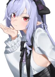 Rule 34 | 1girl, ascot, black bow, black bowtie, black hairband, bow, bowtie, breasts, center frills, fang, flasso, frills, from side, hairband, hand up, highres, light smile, long hair, looking at viewer, medium breasts, mole, mole under eye, pink hair, pointy ears, purple ascot, red eyes, shrug (clothing), sideways glance, simple background, solo, upper body, vivian banshee, white background, white shrug, zenless zone zero