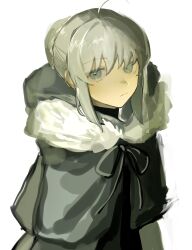 1girl ahoge black_ribbon capelet closed_mouth eyelashes fate_(series) gray_(fate) grey_eyes hair_bun highres hood hood_down hooded_capelet looking_at_viewer ribbon short_hair solo tokoni_fusu upper_body white_background