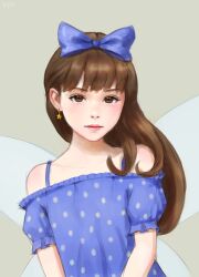 Rule 34 | 1girl, bare shoulders, blue bow, blush, bow, brown eyes, brown hair, closed mouth, earrings, expressionless, fairy wings, flat chest, floating earrings, frills, grey background, hair behind ear, hair bow, highres, jewelry, long hair, looking at viewer, nostrils, off-shoulder shirt, off shoulder, polka dot, self-upload, shirt, simple background, solo, star (symbol), star earrings, star sapphire, touhou, upper body, wings, yyf (seaknight)