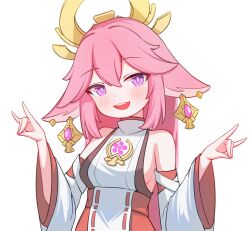 1girl animal_ears asagizu blush breasts commentary detached_sleeves fox_ears genshin_impact hair_ornament highres japanese_clothes jewelry long_hair medium_breasts nontraditional_miko open_mouth pink_hair purple_eyes sideboob simple_background solo teeth upper_teeth_only white_background white_sleeves yae_miko