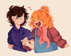 Rule 34 | 1boy, 1girl, :d, bandaid, bandaid on face, blue overalls, blush, brown eyes, brown hair, commissioner insert, hair bun, heart, hetero, highres, holding hands, looking at another, main character (our life), messy hair, nobi33ka, open mouth, orange hair, our life, our life: now and forever, overalls, purple shirt, red scarf, red sweater, scarf, shirt, smile, star (symbol), star print, sweater, tamarack baumann, upper body