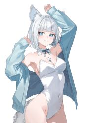 1girl :3 animal_ears arm_up armpits bare_shoulders blue_eyes blue_jacket breasts brooch cleavage closed_mouth commission covered_navel cowboy_shot detached_collar earrings extra_ears hand_up highleg highleg_leotard highres jacket jewelry karyln leotard looking_at_viewer medium_breasts nontraditional_playboy_bunny off_shoulder original short_hair smile snow_leopard_ears snow_leopard_tail solo standing tail white_hair white_leotard