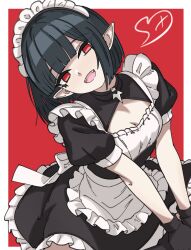 Rule 34 | 1girl, :d, absurdres, apron, back bow, black dress, black gloves, black hair, blunt bangs, blunt ends, border, bow, breasts, cleavage cutout, clothing cutout, commentary, cowboy shot, dress, english commentary, fangs, frilled apron, frilled dress, frills, from above, ghuler, gloves, head tilt, highres, looking at viewer, maid, maid apron, maid headdress, medium breasts, medium hair, no pupils, open mouth, original, outside border, pointy ears, puffy short sleeves, puffy sleeves, red background, red eyes, short sleeves, sidelocks, sitting, smile, solo, vampire, white apron, white border, white bow