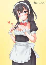 1girl akizuki_(kancolle) alternate_costume anti_(untea9) apron black_dress black_eyes black_hair bow bowtie breasts cleavage detached_collar dress enmaided four-finger_heart_hands heart heart_hands highres kantai_collection long_hair maid maid_headdress medium_breasts one-hour_drawing_challenge ponytail red_bow red_bowtie solo twitter_username waist_apron white_apron yellow_background