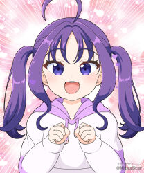 Rule 34 | 1girl, :d, ahoge, artist name, commentary request, drawstring, hands up, highres, hood, hood down, hoodie, kimi to idol precure, long sleeves, looking at viewer, medium hair, mitya, open mouth, precure, puffy long sleeves, puffy sleeves, purple eyes, purple hair, shigure kokoro, smile, solo, straight-on, teeth, twintails, twitter username, upper body, upper teeth only, watermark, white hoodie