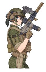 Rule 34 | 1girl, absurdres, ammunition pouch, assault rifle, black hair, blue eyes, brown gloves, bulletproof vest, camouflage, camouflage jacket, camouflage pants, closed mouth, combat helmet, cropped legs, gloves, green jacket, green pants, gun, handgun, helmet, highres, holding, holding gun, holding weapon, holster, holstered, jacket, kuso otoko, lillie (uragoner), looking at viewer, pants, ponytail, pouch, rifle, short hair, short ponytail, sig mcx, sig sauer, sig sauer p320, simple background, sleeves rolled up, solo, suppressor, tactical clothes, trigger discipline, uragoner, weapon, white background