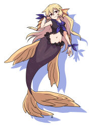 1girl blonde_hair blue_ribbon blue_sailor_collar commentary commentary_request fins fish_tail hair_between_eyes head_fins highres long_hair looking_at_viewer mermaid monster_girl muu_(mumumer) navel original red_eyes ribbon sailor_collar simple_background solo stella_(cophocoa) tail tassel wrist_ribbon