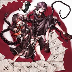 2girls braid breast_pocket brown_shoes collared_shirt commentary_request danganronpa:_trigger_happy_havoc danganronpa_(series) dual_persona eyelashes fukawa_toko genocider_shou glasses glint grin highres holding holding_pen holding_removed_eyewear holding_scissors holding_weapon long_hair long_sleeves long_tongue mole mole_under_mouth monokuma multiple_girls navel neckerchief nib_pen_(object) official_style oyume paper pen pocket puff_of_air purple_eyes purple_hair purple_serafuku purple_shirt purple_skirt red_eyes red_neckerchief round_eyewear sailor_collar scar scar_on_leg school_uniform scissors serafuku shirt shoes skirt skirt_set smile socks stomach tally teeth tongue tongue_out twin_braids unworn_eyewear very_long_hair weapon white_sailor_collar white_socks