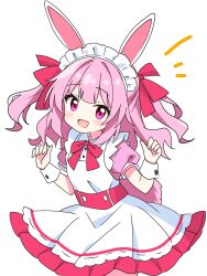 1girl :d animal_ears apron blush commentary_request cowboy_shot dot_nose dress frilled_dress frills hair_ribbon highres kotatsu-mazoku long_hair looking_at_viewer maid maid_headdress maid_rabbit_girl_(kotatsu-mazoku) neck_ribbon open_mouth original pink_dress pink_eyes pink_hair pink_ribbon rabbit_ears rabbit_girl rabbit_tail ribbon short_sleeves simple_background smile solo tail two_side_up white_apron white_background wrist_cuffs