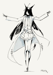 1girl absurdres ahoge arms_up artist_name belt closed_mouth coat collared_shirt earrings english_text engrish_text hair_over_one_eye highres jewelry long_bangs long_hair manhattan_cafe_(umamusume) necktie no_eyes open_clothes open_coat pleated_skirt ranguage ringring_(artist) shirt signature single_earring sketch skirt smile solo spot_color umamusume very_long_hair
