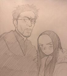 1boy 1girl beard coat facial_hair forehead glasses graphite_(medium) greyscale haguhagu_(rinjuu_circus) highres long_hair looking_at_viewer monochrome photo_(medium) simple_background sketch traditional_media trick_(tv_series) ueda_jirou upper_body yamada_naoko_(trick)