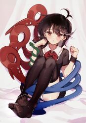 1girl antenna_hair asymmetrical_wings black_dress black_hair black_thighhighs blue_wings bow dress feet frilled_shirt_collar frills full_body hashtag-only_commentary highres houjuu_nue iwakoo knees_to_chest medium_hair nue_day panties red_bow red_eyes red_nails red_wings short_dress short_sleeves snake thighhighs touhou underwear white_panties wings wrist_cuffs