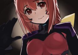 1girl armored_bodysuit black_gloves blush bodysuit bow breasts fortified_suit gloves hair_bow highres impossible_bodysuit impossible_clothes kagami_sumika long_hair looking_at_viewer low_ponytail mecha_pilot_suit medium_breasts muv-luv muv-luv_alternative pink_bodysuit ponytail red_eyes red_hair ribbon science_fiction see-through_bodysuit see-through_clothes skin_tight smile solo takasata_takina upper_body yellow_bow