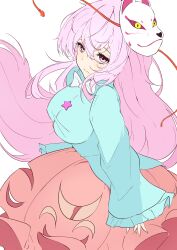 1girl absurdres blue_shirt bow bowtie breasts bubble_skirt closed_mouth fox_mask hata_no_kokoro highres large_breasts long_hair long_sleeves mask mask_on_head orange_skirt pink_eyes pink_hair shirt simple_background skirt solo string touhou unanooo_(fthx7532) very_long_hair white_background white_bow white_bowtie