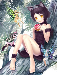 4girls animal_ears ankle_garter apple bare_shoulders barefoot black_hair butterfly_wings cat_ears cat_tail choker fairy feet food fruit holding holding_food holding_fruit hug hugging_another&#039;s_tail hugging_tail in_tree insect_wings instrument k+ long_hair md5_mismatch mini_person minigirl multiple_girls orange_eyes original sitting sitting_in_tree size_difference smile strap strap_slip tail tree violin wings
