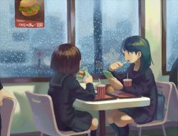 2girls ad bag black_hair black_sailor_collar black_shirt black_skirt black_socks bob_cut brown_hair building burger cellphone chair city commentary cup disposable_cup eating food french_fries holding holding_food holding_phone indoors kneehighs kzmk looking_outside medium_hair multiple_girls open_mouth original phone poster_(object) rain reflection restaurant sailor_collar school_bag school_uniform serafuku shirt short_hair sitting skirt slice_of_life smartphone socks tray water_drop