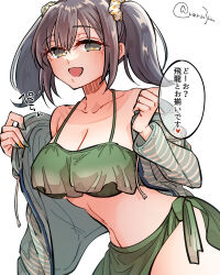 1girl bikini black_hair breasts cleavage commentary_request cowboy_shot drawstring green_bikini green_eyes green_sarong highres jacket kantai_collection large_breasts long_hair matsunaga_(haku) open_clothes open_jacket sarong side-tie_bikini_bottom simple_background smile solo souryuu_(kancolle) striped_clothes striped_jacket swimsuit translation_request twintails twitter_username white_background