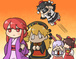 0_0 5girls aged_down animal_ears arrest ascot bird_wings black_dress black_skirt blonde_hair bound bound_wrists bow brown_hair camera covering_face detached_sleeves dress expressionless flying gradient_background hair_bow hair_tubes hakurei_reimu japanese_clothes jitome junko_(touhou) kimono kotohime_(touhou) koyama_shigeru long_hair multiple_girls necktie orange_background ponytail purple_hair purple_kimono rabbit_ears red_footwear red_hair red_neckwear red_skirt red_vest reisen_udongein_inaba rope shameimaru_aya shirt skirt tabard taking_picture touhou touhou_(pc-98) untucked_shirt very_long_hair vest white_shirt wings yellow_neckwear