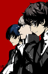 10s 3boys amamiya_ren black_hair black_jacket blue_hair club3 from_side gakuran glasses halftone highres jacket male_focus multiple_boys narukami_yu persona persona_3 persona_4 persona_5 profile red_background school_uniform silver_hair simple_background upper_body yuuki_makoto_(persona_3)