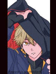 1boy black_hair black_shirt blonde_hair blue_jacket english_text ese000_0 hair_between_eyes highres holding holding_unworn_clothes implied_yaoi jacket long_sleeves looking_at_viewer male_focus multicolored_hair one_eye_covered parted_lips pillarboxed shiguang_dailiren shirt short_hair simple_background sleeves_past_wrists solo turtleneck two-sided_fabric upper_body white_background xia_fei yellow_eyes zipper