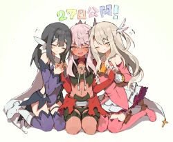 Rule 34 | 3girls, :d, ;d, bare shoulders, black hair, black panties, blonde hair, boots, chloe von einzbern, chloe von einzbern (archer install), closed eyes, commentary request, cross, dark-skinned female, dark skin, detached sleeves, fang, fate/kaleid liner prisma illya, fate (series), gloves, highres, holding hands, illyasviel von einzbern, leotard, long hair, magical girl, miyu edelfelt, miyu edelfelt (magical girl), multiple girls, navel, one eye closed, open mouth, panties, pink boots, pink hair, prisma illya, purple leotard, purple sleeves, purple thighhighs, simple background, skin fang, skirt, smile, thigh boots, thighhighs, tomo (ryo i so ), translation request, two side up, underwear, white background, white boots, white gloves, white skirt