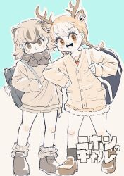 2girls :3 alternate_costume animal_ears antlers badger_ears badger_girl badger_tail bag black_shoes black_socks blush bow bowtie braid brown_bow brown_bowtie brown_coat brown_eyes brown_hair brown_shoes brown_skirt coat deer_antlers deer_ears deer_girl deer_tail earrings extra_ears fur_trim hair_between_eyes highres horns japanese_badger_(kemono_friends) japari_symbol jewelry kemono_friends loafers long_sleeves looking_at_viewer loose_socks multicolored_hair multiple_girls neckerchief nenkou-san open_mouth pleated_skirt red_neckerchief sailor_collar school_bag school_uniform shoes sidelocks sika_deer_(kemono_friends) skirt smile socks tail twin_braids two-tone_hair white_fur white_hair white_socks