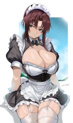 Rule 34 | 1girl, absurdres, alternate costume, apron, black bow, black lagoon, bow, breasts, brown eyes, brown hair, cleavage, curvy, dress, enmaided, frilled dress, frills, garter straps, harutoyumaarts, highres, huge breasts, large breasts, low ponytail, maid, maid apron, maid headdress, ponytail, puffy short sleeves, puffy sleeves, revy (black lagoon), short sleeves, sidelocks, sitting, solo, thighhighs, thighs, white garter straps, white thighhighs, zettai ryouiki