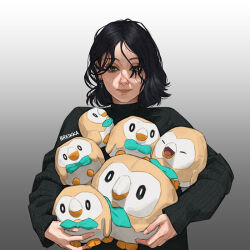 1girl artist_name black_hair black_sweater breikka character_doll closed_mouth doll ear_piercing earrings gen_7_pokemon gradient_background grey_background grey_eyes jewelry medium_hair nintendo original piercing pokemon pokemon_(creature) rowlet solo stuffed_toy sweater