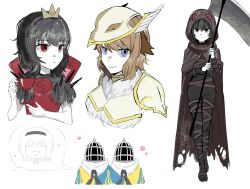 1boy 2others 3girls absurdres armor asdf1211950 bill_(black_souls) black_bodysuit black_hair black_souls black_souls_2 blue_eyes bodysuit brown_cape brown_hair cape closed_mouth crown flower griffy_(black_souls) hands_up highres holding holding_scythe hood hood_up hooded_cape long_sleeves looking_at_viewer lorina_(black_souls) miranda_(black_souls) multiple_girls multiple_others red_eyes red_flower red_rose rose scythe short_hair sidelocks simple_background smile white_armor white_background