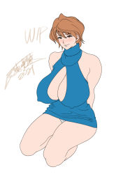 Rule 34 | 1girl, 2021, arms behind back, artist name, ass, bare shoulders, birthmark, blush, breasts, brown eyes, brown hair, bursting breasts, cleavage, cleavage cutout, clothing cutout, contrapposto, covered erect nipples, curvy, dress, eyebrows, eyes visible through hair, female focus, full body, highres, huge breasts, huge nipples, kneecaps, kneeling, knees bent, legs, looking at viewer, microdress, minidress, mole, mole under eye, nipples, no bra, no feet, nose blush, original, panties, pantyshot, sagging breasts, saggy breasts, shiny skin, short dress, short hair, shoulderless, shoulderless dress, signature, simple background, sleeveless, sleeveless dress, solo, tatsunami youtoku, thick thighs, thighs, tight microdress, tight minidress, turtleneck, turtleneck dress, underwear, white background, white panties, wide hips