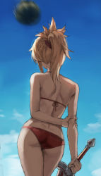 1girl arms_behind_back ass bad_id bad_twitter_id bikini blonde_hair blue_sky cloud day duplicate fate/apocrypha fate_(series) food from_behind fruit halterneck highres holding holding_sword holding_weapon mordred_(fate) mordred_(fate/apocrypha) mordred_(swimsuit_rider)_(first_ascension)_(fate) narrow_waist outdoors ponytail red_bikini short_hair sky solo string_bikini suikawari swimsuit sword tonee watermelon weapon