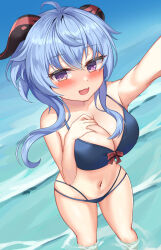 1girl absurdres ahoge arm_up armpits bikini blue_bikini blue_hair blush breasts cleavage collarbone commentary_request fang ganyu_(genshin_impact) genshin_impact hand_on_own_chest highres horns large_breasts long_hair looking_at_viewer navel ocean purple_eyes revision sidelocks skin_fang smile solo standing swimsuit thighs wading yuki_(best010409)