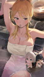 1girl 1other absurdres arm_up armpits blonde_hair blush breasts brown_hair bucket character_doll cleavage collarbone dark-skinned_female dark_skin gradient_hair hair_tie hair_tie_in_mouth highres idolmaster idolmaster_shiny_colors idolmaster_shiny_colors_song_for_prism izumi_mei large_breasts mayuzumi_fuyuko mouth_hold multicolored_hair multiple_girls naked_towel onsen pdal_(pdalhhh) serizawa_asahi sitting solo_focus towel wooden_bucket
