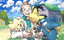 1boy aqua_shirt blue_sky brown_eyes brown_hair building closed_eyes cloud commentary_request company_name copyright_name copyright_notice day dot_nose facial_hair flower gen_2_pokemon gen_4_pokemon glasses grass holding holding_jar jacket jar male_focus munchlax nagimiso nintendo official_art open_clothes open_jacket open_mouth orange_flower outdoors pichu pokemon pokemon_(creature) pokemon_hgss pokemon_tcg professor_elm shirt short_hair sky smile sweatdrop teeth togepi tree upper_body upper_teeth_only very_short_hair white_flower white_jacket wind_turbine windmill