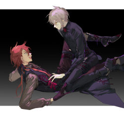 2boys black_gloves black_shirt eye_contact gloves grey_hair hair_between_eyes long_hair long_sleeves looking_at_another low_ponytail lying mahoutsukai_no_yakusoku male_focus multiple_boys on_back pants ponytail qyzhiaiyisheng red_eyes red_hair shirt short_hair simple_background sitting sitting_on_person smile vest yaoi yellow_eyes