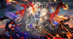 Rule 34 | 2girls, absurdres, ahoge, arknights, armband, black horns, black tail, blonde hair, breasts, dragon, dragon girl, dragon horns, dragon tail, dress, fire, flame-tipped tail, flower, green eyes, hair over one eye, highres, horns, jacket, light in heart, long hair, long sleeves, long tail, looking at another, mento, multiple girls, multiple horns, necrass (arknights), purple armband, purple fire, reed (arknights), small breasts, tail, very long hair, white dress, white flower, white jacket