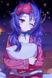 1girl ahoge bad_source blue_choker blush bow bow_choker choker closed_mouth curtains facing_viewer head_tilt highres holding holding_pillow long_hair long_sleeves looking_at_viewer miside mita_(miside) official_art on_bed one_eye_closed pajamas pillow purple_eyes purple_hair red_pajamas sitting sleep_mask sleepy sleepy_mita_(miside) solo star_(sky) upper_body wavy_hair