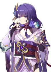 1girl absurdres animal animal_on_hand animal_on_shoulder armor asymmetrical_sleeves bird black_panties blue_pupils blunt_bangs breasts bridal_gauntlets cleavage closed_mouth commentary_request ear_piercing earrings genshin_impact gradient_hair hair_ornament hands_up highres japanese_clothes jewelry jiggy_blunt kimono large_breasts light_blush long_hair looking_at_animal looking_to_the_side mitsudomoe_(shape) mole mole_under_eye multicolored_hair neck_ribbon off_shoulder panties piercing purple_eyes purple_hair purple_kimono purple_nails raiden_shogun red_ribbon red_sash ribbon sash shoulder_armor simple_background single_earring solo standing thighs tomoe_(symbol) underwear uneven_sleeves white_background wide_sleeves