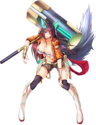 Rule 34 | 1girl, artist request, bad source, belt, beowulf (kamihime project), blue eyes, breasts, brown hair, cleavage, full body, game cg, gloves, hair ornament, hand on own knee, huge weapon, jacket, kamihime project, navel, official art, open clothes, open jacket, over shoulder, solo, tail, tattoo, third-party source, transparent background, weapon, weapon over shoulder