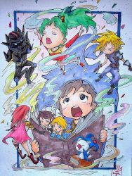 00s 10s 1990s_(style) 2014 :o armor artist_request blonde_hair blue_eyes book brown_hair cape cecil_harvey chibi cloud_strife commentary_request dark_knight dated deci deci_(ffrk) dr._mog closed_eyes final_fantasy final_fantasy_iv final_fantasy_ix final_fantasy_record_keeper final_fantasy_vi final_fantasy_vii final_fantasy_viii full_armor green_hair hat helmet highres lightning_farron looking_up moogle multiple_boys multiple_girls open_book open_mouth ponytail red_hair squall_leonhart tina_branford tyro zidane_tribal