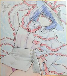 1girl absurdres alternate_costume arm_up black_hat black_skirt blue_hair bow capelet closed_mouth commentary_request dated earrings frilled_capelet frilled_shawl frills hat hat_bow highres jewelry long_sleeves looking_at_viewer medium_hair monety nagae_iku necktie panties pantyshot pink_panties purple_hair red_bow red_eyes red_necktie shawl shikishi shirt signature skirt smile solo touhou traditional_media underwear white_capelet white_shirt