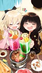 &gt;_&lt; 2girls ahoge aqua_haori black_bow black_hair black_hat black_jacket blonde_hair blunt_bangs blush bow cherry chopsticks closed_eyes commentary cooking cup fate/grand_order fate_(series) food food_request from_above fruit grill grilling hair_between_eyes hair_bow hanabana_tsubomi hand_on_another&#039;s_shoulder haori hat holding holding_cup jacket japanese_clothes kimono long_hair mug multiple_girls notice_lines oda_nobunaga_(fate) oda_nobunaga_(koha-ace) official_art okita_souji_(fate) okita_souji_(koha-ace) open_mouth pink_kimono ponytail shichirin shinsengumi sitting smile sparkle third-party_source toasting_(gesture) unworn_haori unworn_hat unworn_headwear