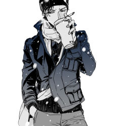 Rule 34 | 1boy, akai shuuichi, bad id, bad pixiv id, beanie, cigarette, cowboy shot, cup, disposable coffee cup, disposable cup, eyewear hang, greyscale, hand in pocket, hat, highres, holding, holding cigarette, holding cup, jacket, long sleeves, looking at viewer, male focus, meitantei conan, monochrome, mrc-k, pants, scarf, shirt, short hair, simple background, smoke, smoking, snowing, solo, sunglasses, unworn eyewear, white background